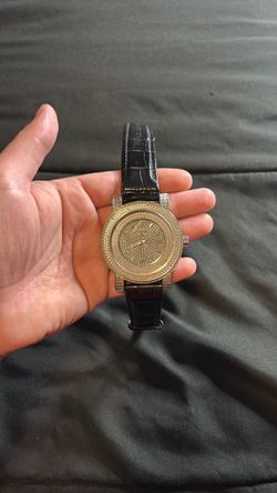 Gold-Tone Diamond Dial Watch Black Leather Strap