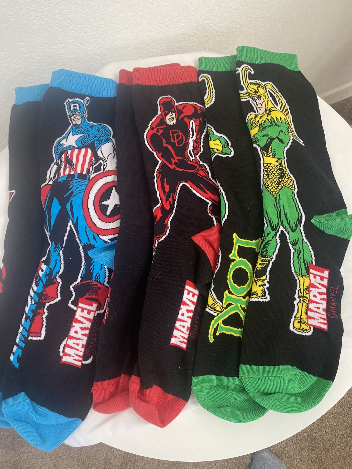 DC Marvel Captain America, Loki, Dare Devil Socks. Set Of 3 Pairs. New W/O Tag