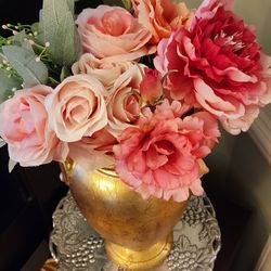 Artificial Flower And Gold Vase