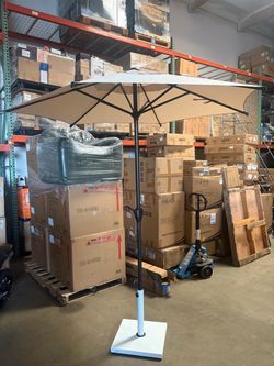 7 ft. Patio Umbrella Outdoor Table Market Umbrella with base and Push Button Tilt/Crank, 6 Ribs in Beige
