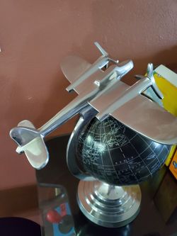 Unique Black/Silver World Globe with Vintage Plane