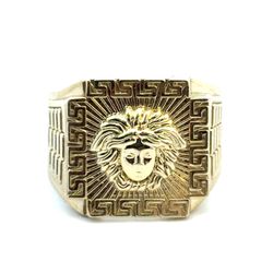 Men’s 10k Yellow Gold Square Medusa Head with Greek Key Detail Ring Size 12 GP3123564