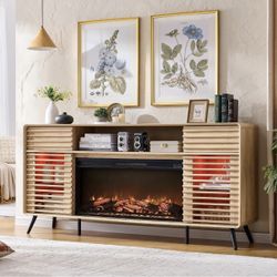 70" Fireplace TV Stand for TVs up to 80" , Entertainment Center with 36" Electric Fireplace, Natural Oak