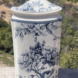 222 Fifth Adelaide Blue and White Canister featuring a scenic floral pattern.