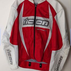 lcon XL Red White Mesh Leather Motorcycle Jacket Armor Lined EU 56 US 44/46