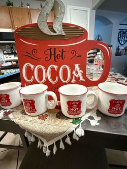 bundle: Hot Cocoa sign and 3 matching "I Love Hot Chocolate" ceramic mugs
