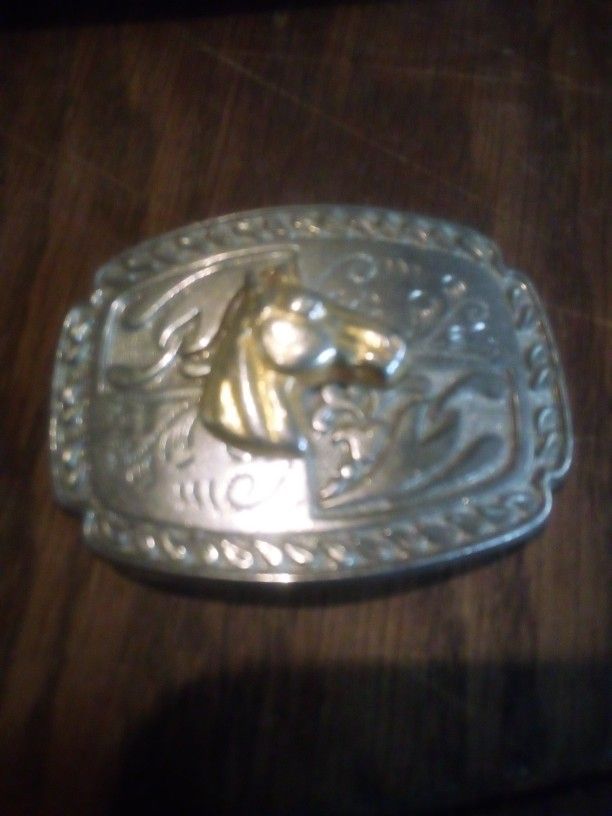 Two Vintage Brass Belt Buckle Winchester Horse
