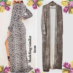 LIKE NEW Long, Open-Front, Leopard-Print Duster Cardigan Size 12 - PrettyLittleThing