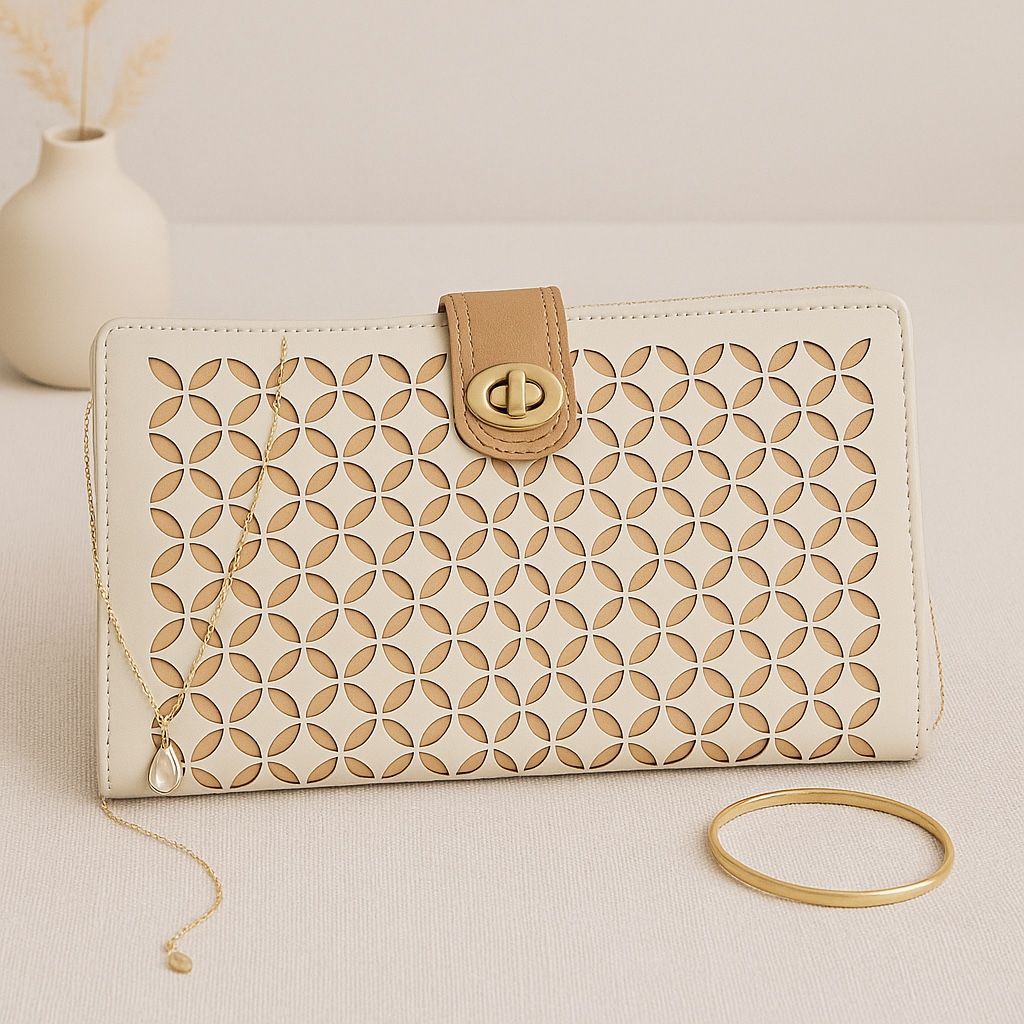 Wolf England Leather Jewelry Travel Case Cream & Tan Laser-Cut LusterLoc, 11x7”