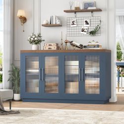 Buffet Cabinet with Storage, 55.1" Large Sideboard Buffet Table, Modern Sideboard Kitchen Cabinet with 4 Fluted Glass Doors