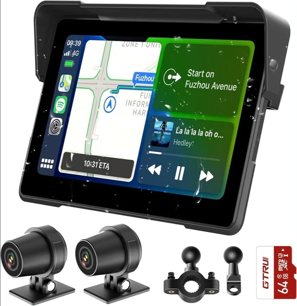 7 Inch Waterproof Motorcycle CarPlay Display, Wireless Apple CarPlay & Android Auto Touchscreen, Dustproof Sunlight Readable GPS Navigator with Dual B