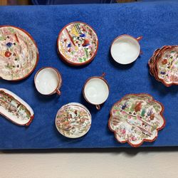 27 Piece Vintage Japanese Porcelain Red Gold Geisha Tea Setting