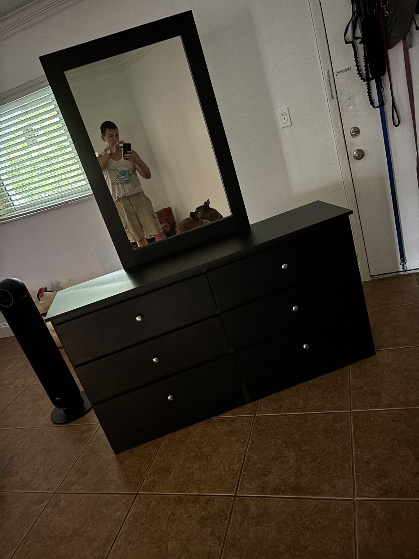 Full Bedroom Set. Includes Dresser With Mirror Bed Boxspring Frame And Matching Black Nightstand Drawer