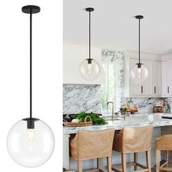 6913: New 11.8in Globe Glass Pendant Light, Large Mid Century Modern Pendant Lights Kitchen Island, Black Fininsh Hanging Light Fixture for Dining Roo