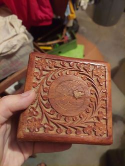 Vintage hand carved brass inlay hinged wooden box