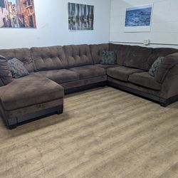 Brown Microfiber Cloth Sectional with Chaise and Wood Trim