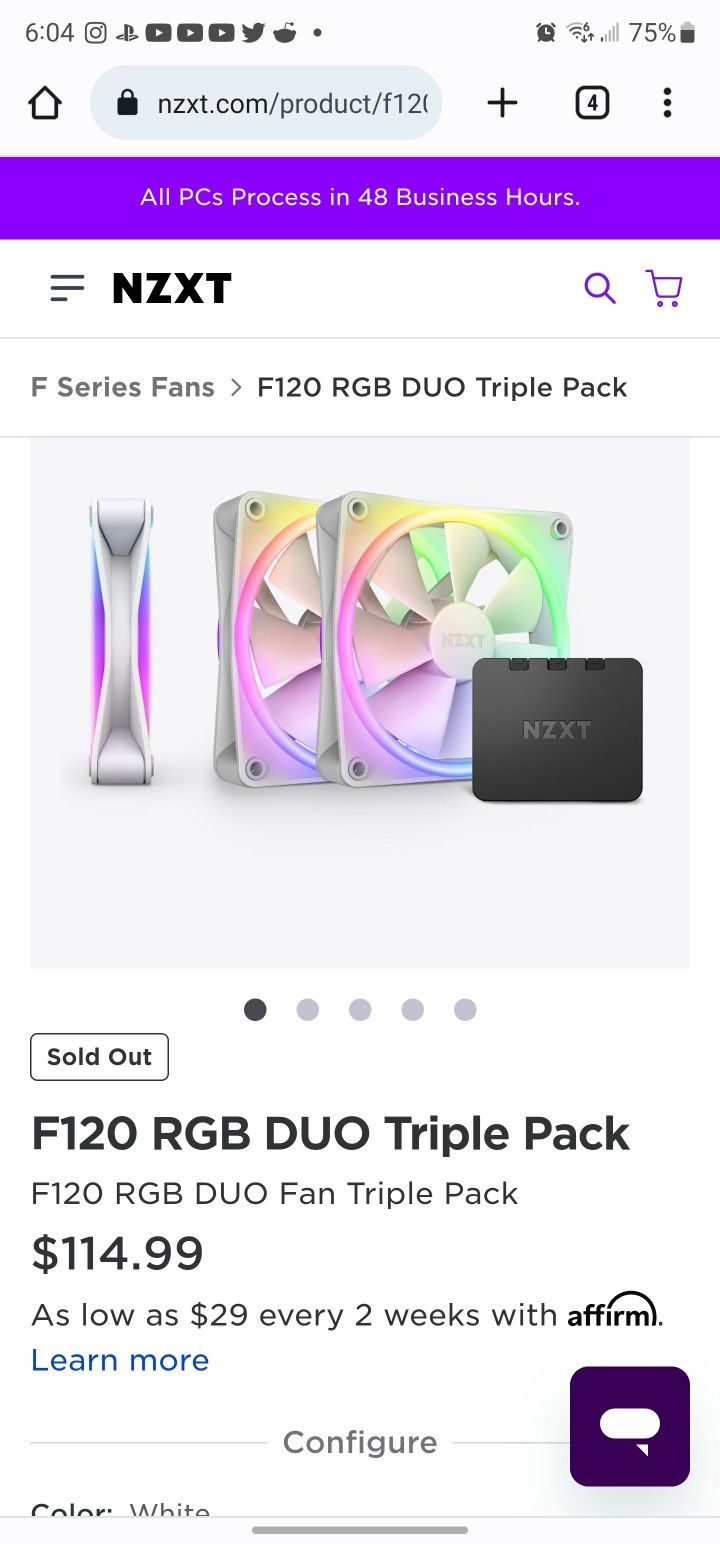 3 NZXT RGB DUO FANS & 1 non Rgb For Gaming Pc