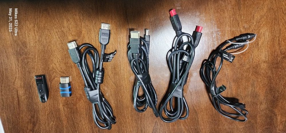 HDMI Cables, Digital Optical Cord, Scan Disk ultra USB 3.0 64gb thumb drive, and a BlueRigger HDMI CEC Less Adapter (4K UHD, ARC, Ethernet, Male to Fe