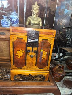 Vintage Chinese Locking Cabinet Wedding Chest With Key