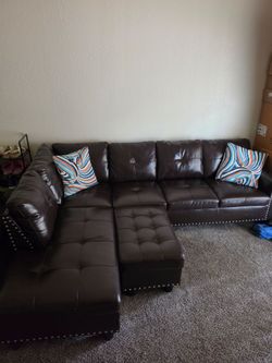 Dark Brown Faux Leather Sectional Sofa with Ottoman