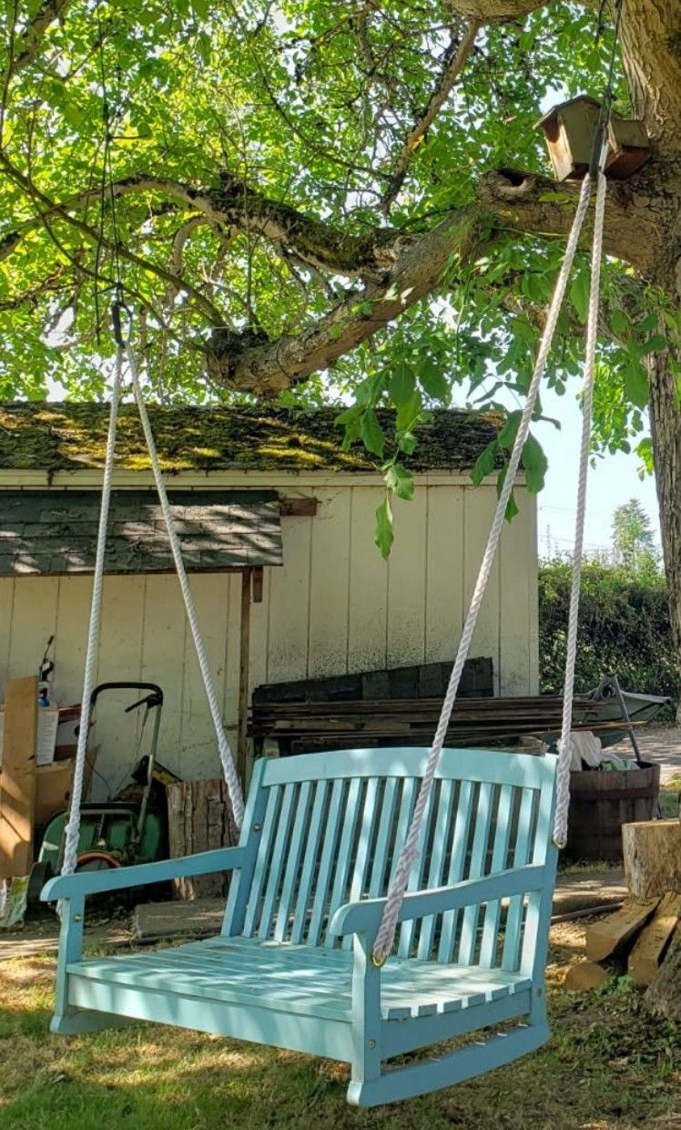 Blue Wooden Hanging Swing Tree Porch With Rope