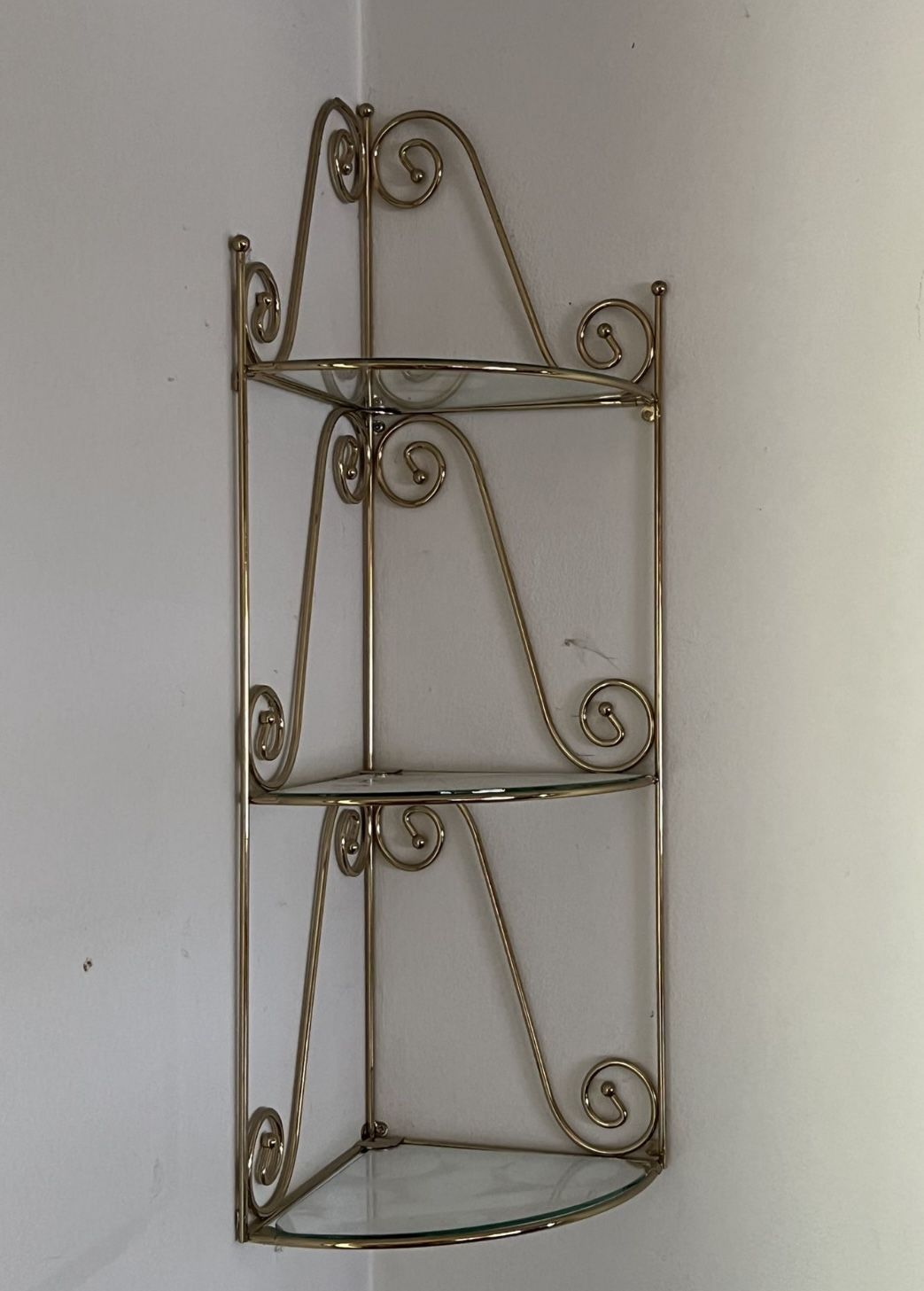 $44 Vintage Gold Chrome Metal Corner Shelf Hollywood Regency Scroll Glass 3 Tier