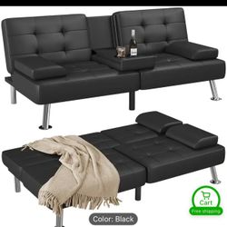Leather Convertible Upholstered Reclining Sofa with Cup Holder