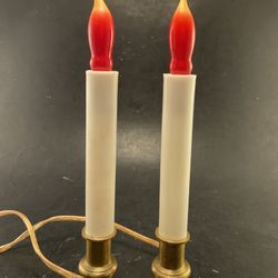 Vintage Pair of Christmas Electric Window Candles w/ Bulbs, Plastic & Brass Base