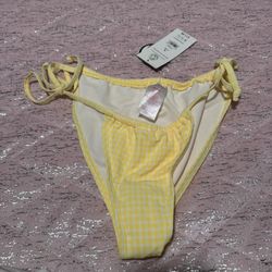 Nwt Womens Medium Yellow White Checkered Side Tie Swimsuit Bikini Bottoms Hot Lemon 