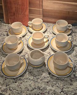 VINTAGE ~17 PIECE SET of Ceramic CUPS, SAUCERS and Coffee Creamer Made by EPOCH FOR in Korea, Featuring a white body with yellow bands. HORIZON