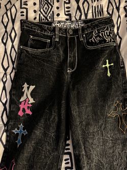 NINTH HALL AMBUSH Jeans Mens 30 Black Acid Wash Relaxed Wide Leg Gothic Crosses Embroidered