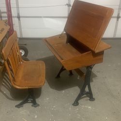 Antique 1903  Desk And Chair With Cast Iron Legs  