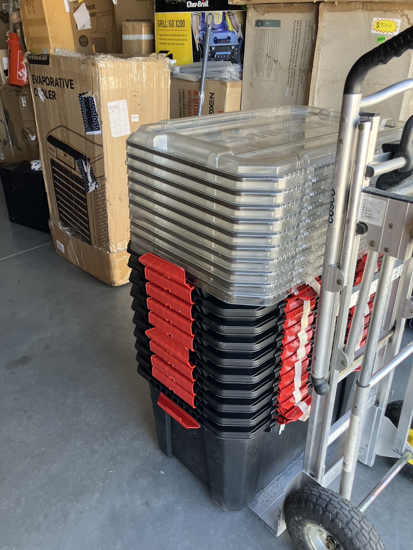 20-Gal. Professional Heavy Duty Waterproof Stackable Plastic Storage Containers with Hinged Lid in Red - Includes 10 Containers