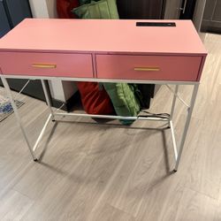Pink Desk With Outlets And USB Ports 