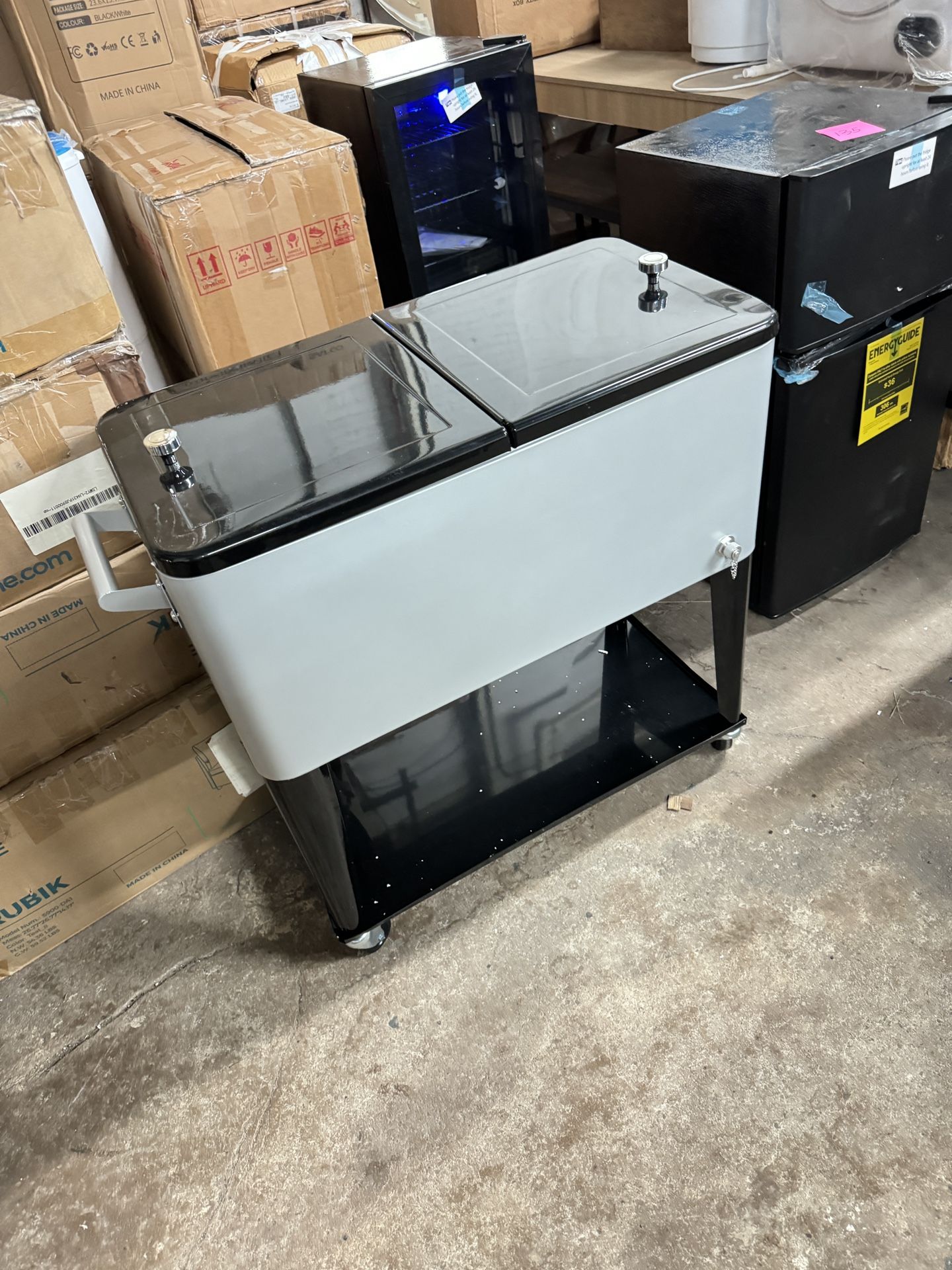 80 Quart Rolling Ice Chest, Portable Patio Party Bar Drink Cooler Cart, with Shelf, Beverage Pool with Bottle Opener