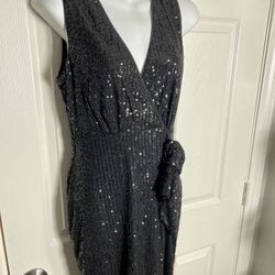 Black Sequined Cocktail Length Evening Dress