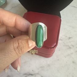 Vintage 925 Sterling Silver Mexico Genuine Malachite Elongated Ring , Adjustable Size. Marked Mexico Sterling , 