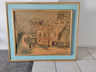 Antique MAURICE UTRILLO 37"X33", Framed, Montmartre oil on canvas reproduction