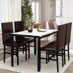 Dining Room Table Set Modern Dining Table Set for 4 Kitchen Table and Chairs Faux Marble Dinner Table & 4 PU Leather Upholstered Chairs Dinning Table 