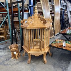 Teak wood bird cage with dragon accents