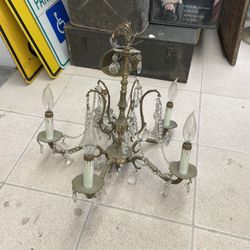 Antique Brass Chandelier, Clear Crystals and matching Mounting Bracket