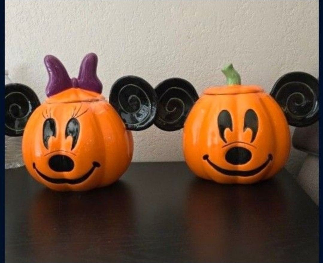 Minnie Mouse And Mickey Mouse Halloween Pumpkin Canisters Cookie Jar