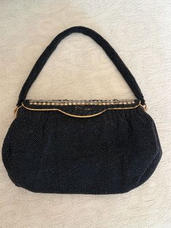 Pristine Vintage 1950s French Hand-Beaded Evening Bag with Matching Mirror – Jet Black Micro-Bead Purse with Rhinestone Jeweled Frame