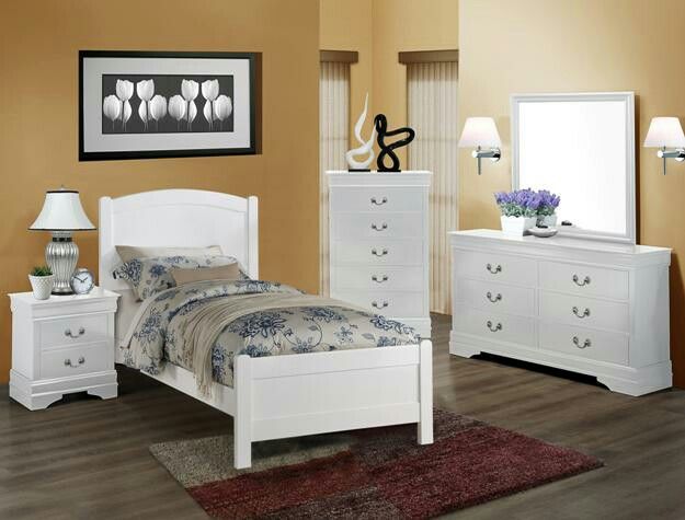 Brand new white or cherry twin bed frame + dresser + mirror + nightstand bedroom set