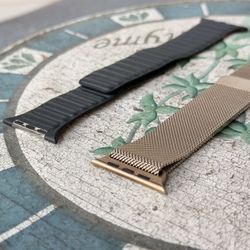 Milanese Gold Steel And Blue Leather Apple Watch Bands
