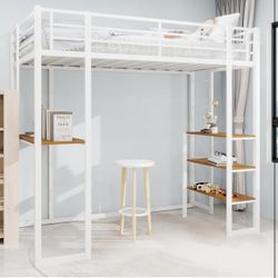 Twin size Metal Loft Bed with Built-in L-Shaped Desk & Storage Shelves