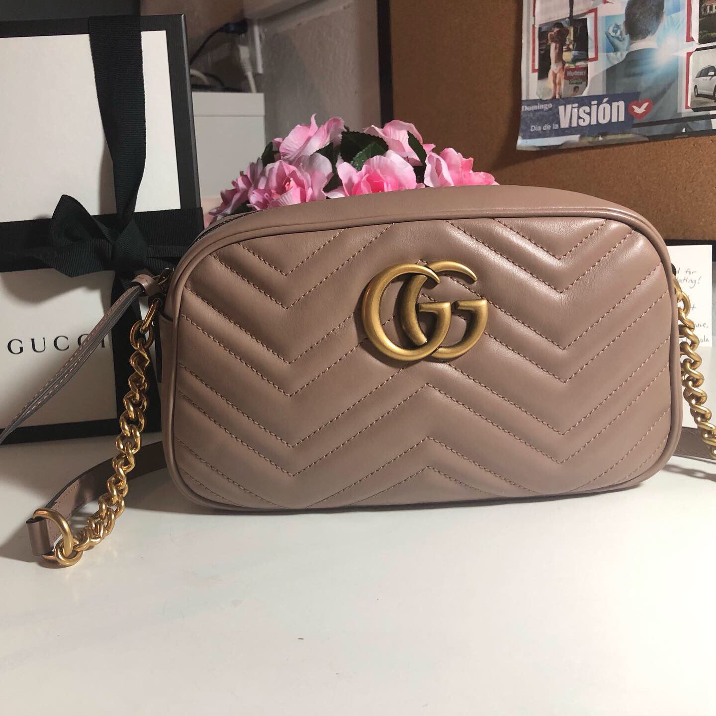 Gucci Marmont Small Camera Bag. Color Dusty Pink, it has Controllato number, dust bag, care instructions and Box. Price at the store $1,210.00 +Tax