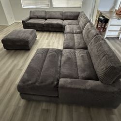 Modular Sectional 7 Pc  New Sectional  Color Gray Wide-welt Corduroy  Sofa Armless Chaise  and ottoman Sectional xl 🔥 Seccional De 7 Piezas Xl Nuevo 