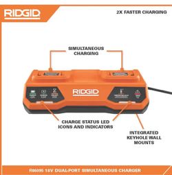 18V Rigid  Dual Port Simultaneous Charger with (2) 2.0 Ah Batteries, (2) 4.0 Ah Batteries