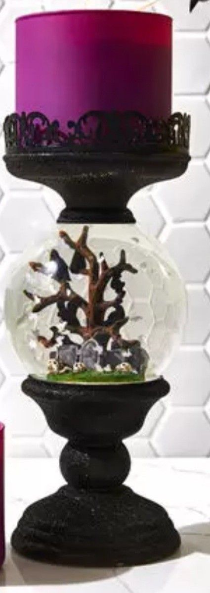 2021 Bath and Body Works Water Globe Cemetery Pedestal 3 Wick Candle Holder 